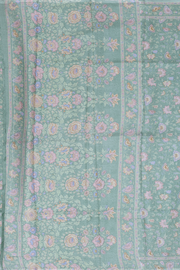 Printed Silk Saree In Dusty Green With Floral Design