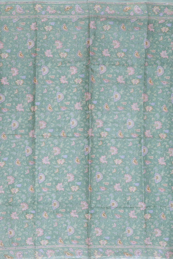 Printed Silk Saree In Dusty Green With Floral Design