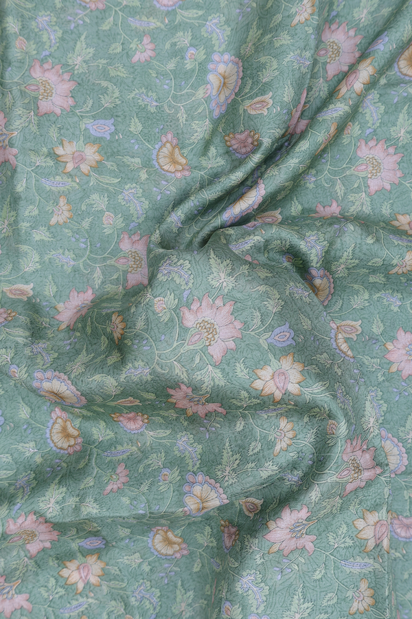 Printed Silk Saree In Dusty Green With Floral Design