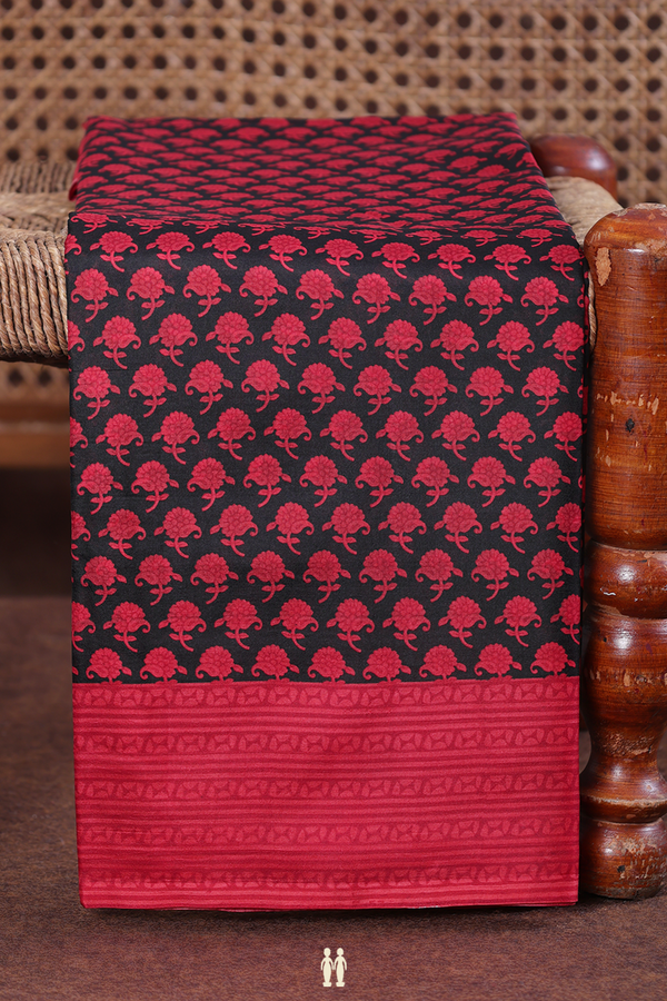 Printed Silk Saree In Black With Floral Buttas