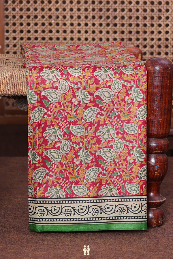 Printed Silk Saree In Crimson Red With Paisley Design