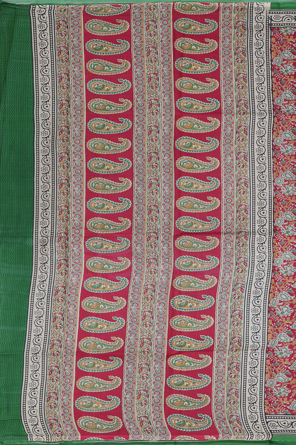 Printed Silk Saree In Crimson Red With Paisley Design