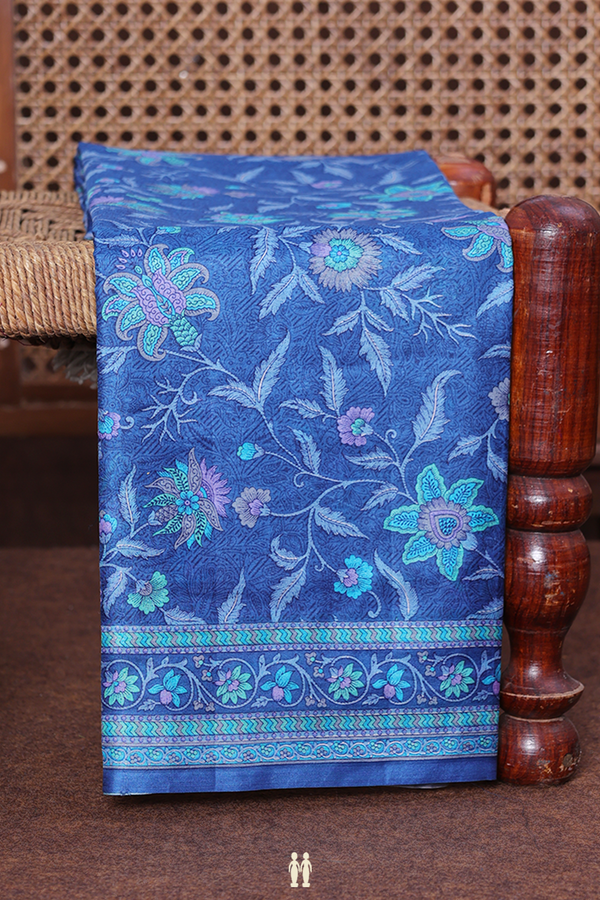 Printed Silk Saree In Cobalt Blue With Floral Design