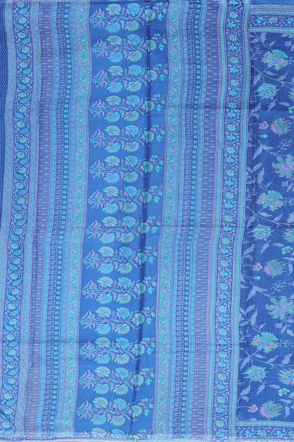 Printed Silk Saree In Cobalt Blue With Floral Design