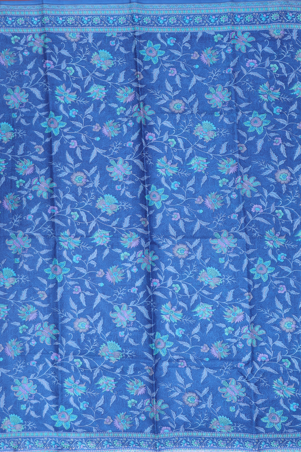 Printed Silk Saree In Cobalt Blue With Floral Design