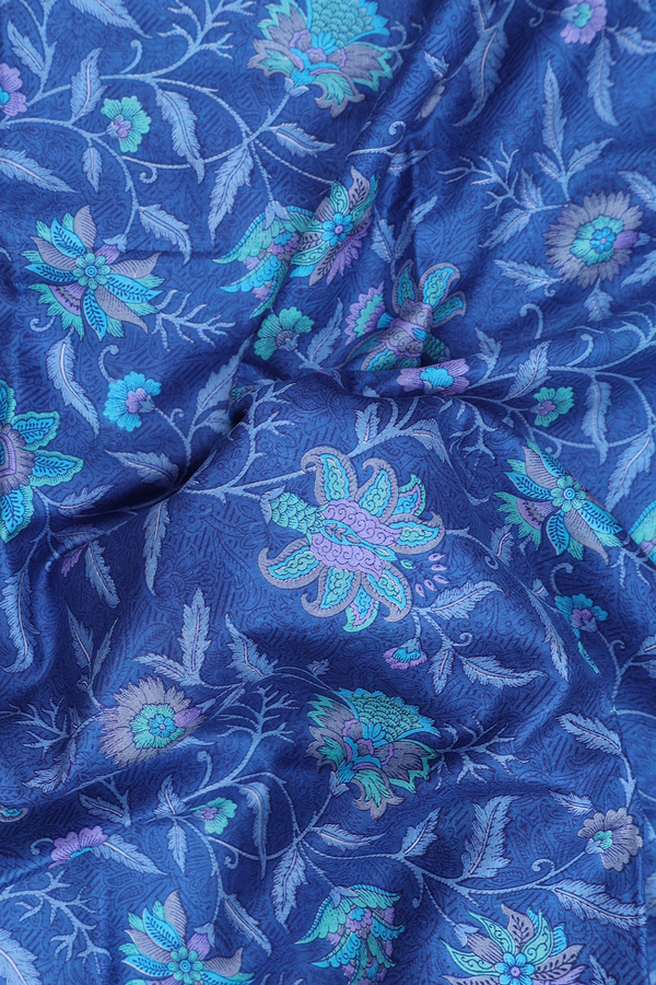 Printed Silk Saree In Cobalt Blue With Floral Design