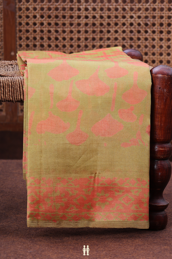 Printed Silk Saree In Olive Green With Allover Design