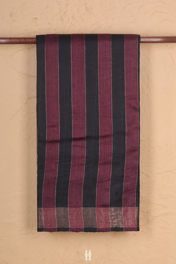 Tussar Silk Saree In Black And Brown With Stripes Design