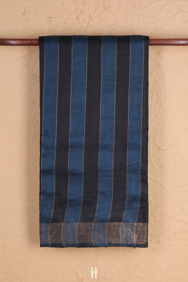 Tussar Silk Saree In Black And Green With Stripes Design