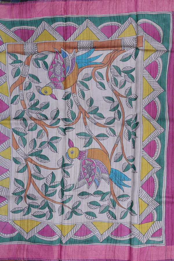 Tussar Silk Saree In Black And Green With Stripes Design