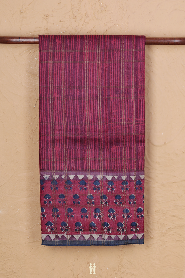 Tussar Silk Saree In Dark Pink With Checks Design