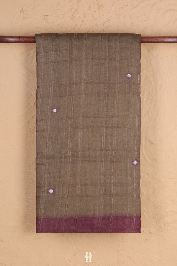 Tussar Silk Saree In Dark Olive Along Checks With Buttas