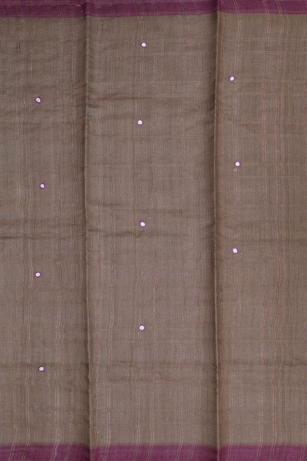 Tussar Silk Saree In Dark Olive Along Checks With Buttas