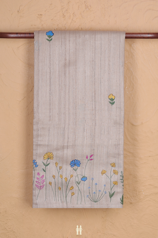 Tussar Silk Saree In Light Brown With Hand Painted Design