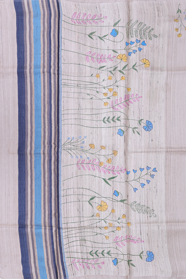 Tussar Silk Saree In Light Brown With Hand Painted Design