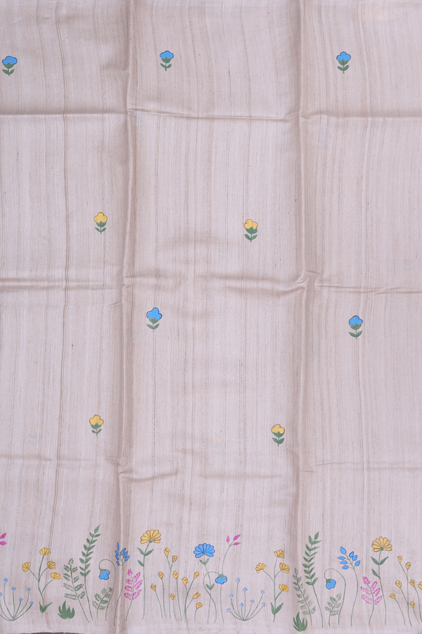 Tussar Silk Saree In Light Brown With Hand Painted Design
