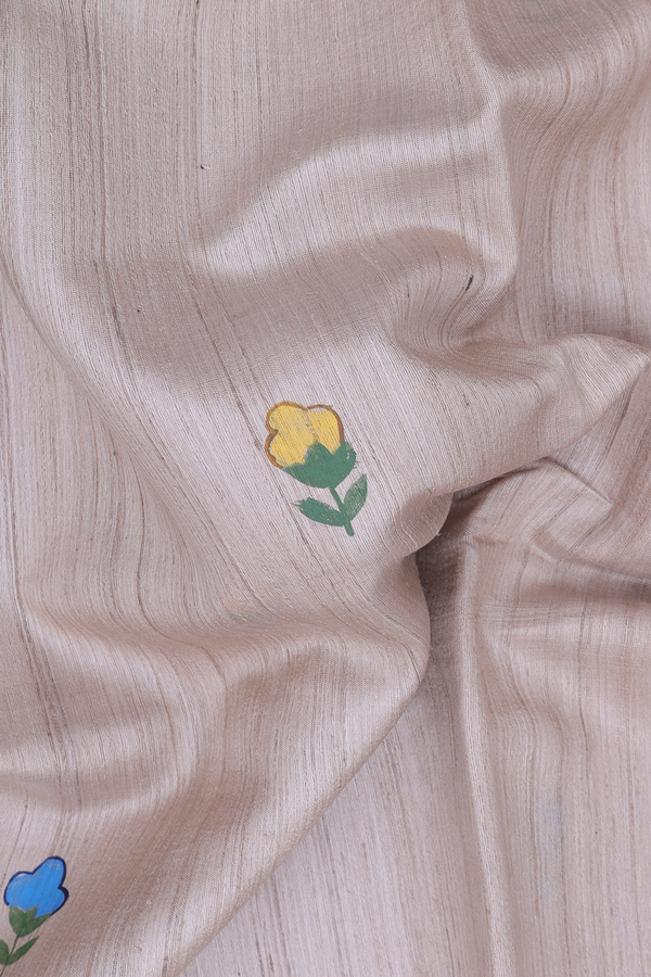 Tussar Silk Saree In Light Brown With Hand Painted Design
