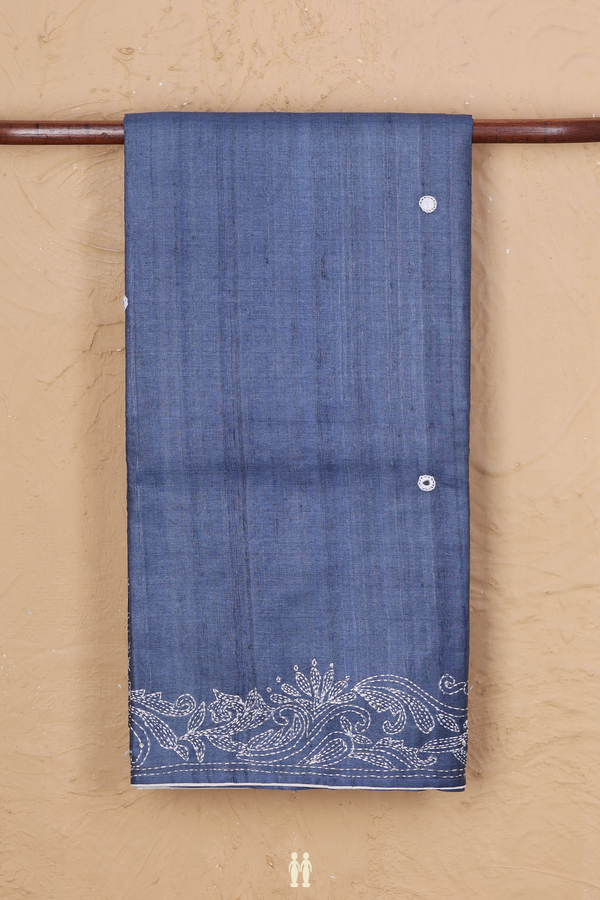 Tussar Silk Saree In Pigeon Blue With Mirror Work Buttas