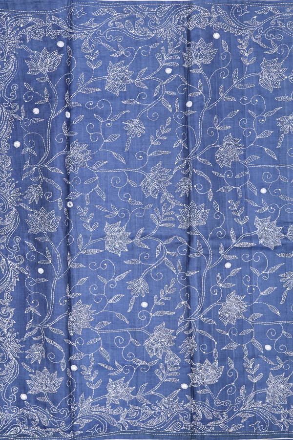 Tussar Silk Saree In Pigeon Blue With Mirror Work Buttas
