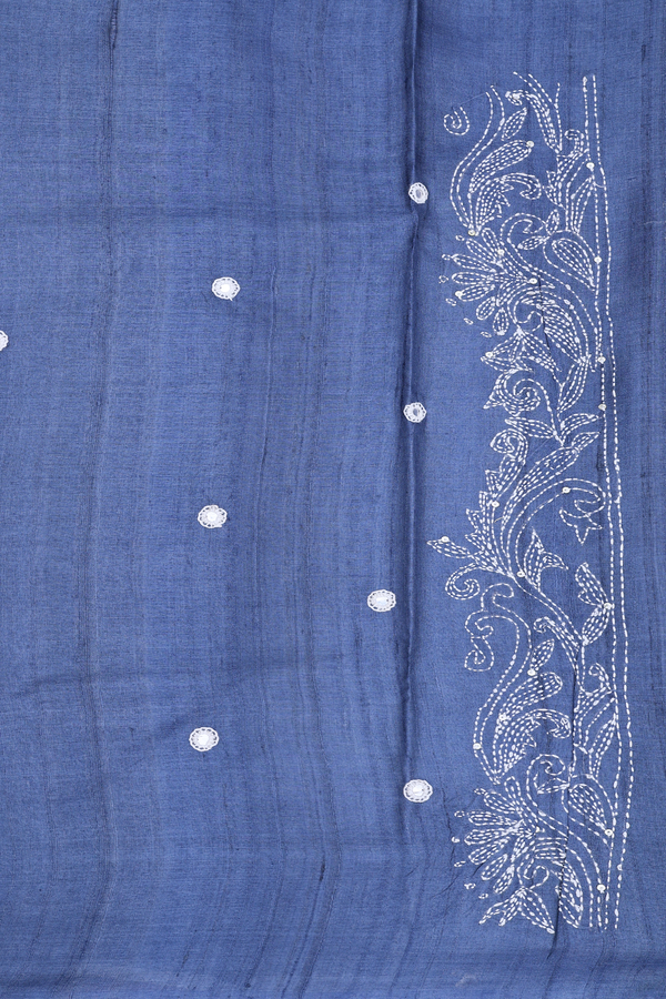 Tussar Silk Saree In Pigeon Blue With Mirror Work Buttas