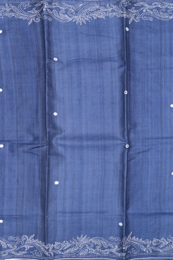 Tussar Silk Saree In Pigeon Blue With Mirror Work Buttas