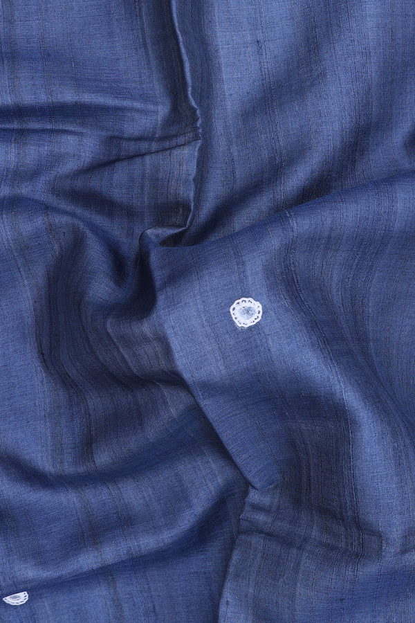 Tussar Silk Saree In Pigeon Blue With Mirror Work Buttas