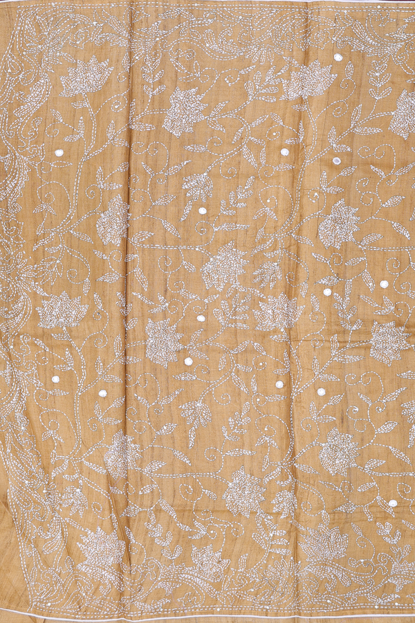 Tussar Silk Saree In Mustard Yellow With Mirror Work Buttas