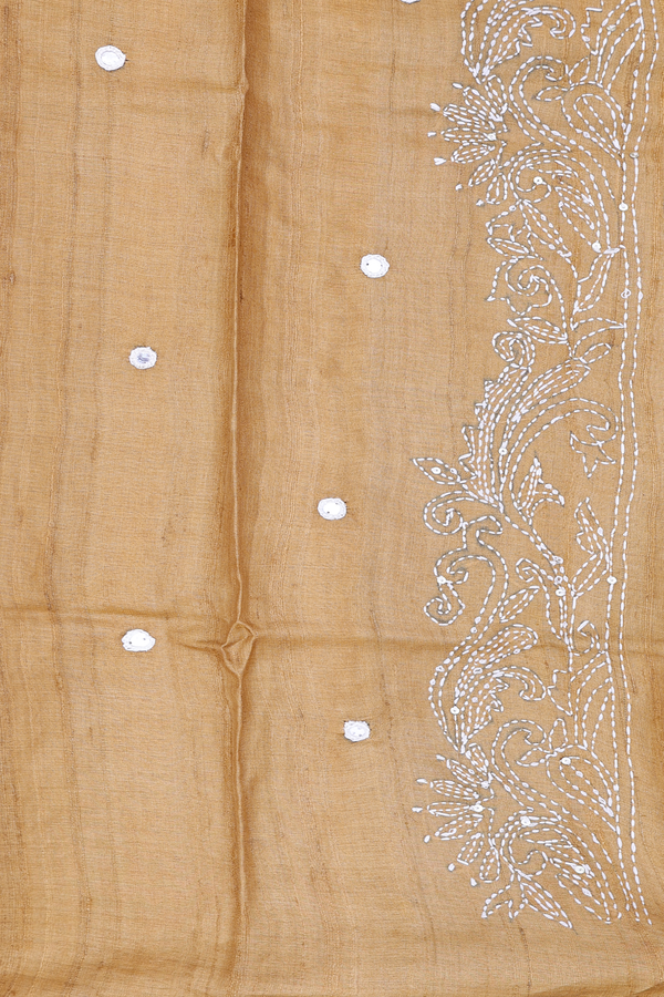 Tussar Silk Saree In Mustard Yellow With Mirror Work Buttas