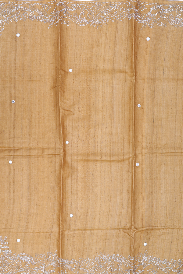 Tussar Silk Saree In Mustard Yellow With Mirror Work Buttas