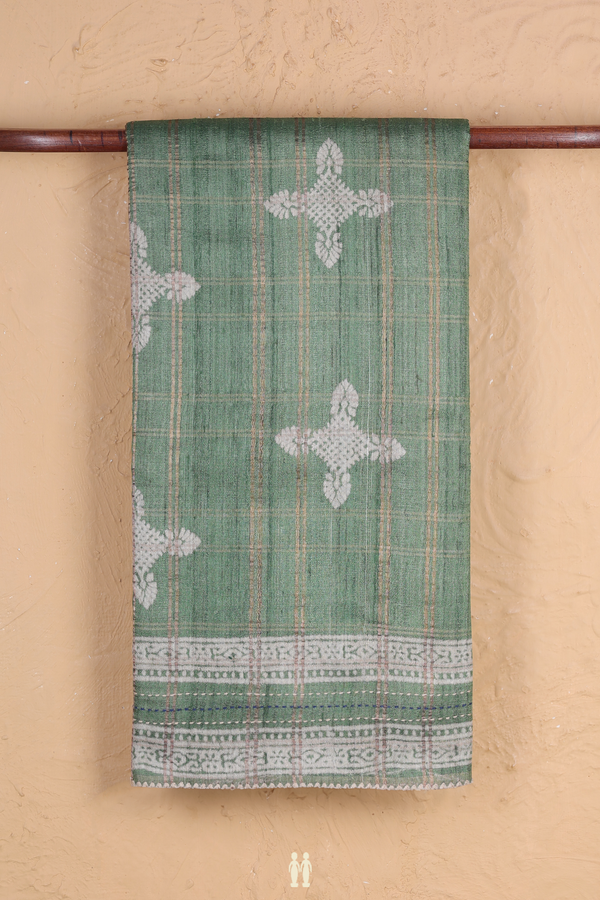 Tussar Silk Saree In Green Along Checks With Motifs