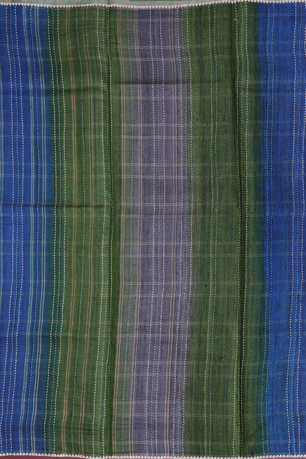 Tussar Silk Saree In Green Along Checks With Motifs