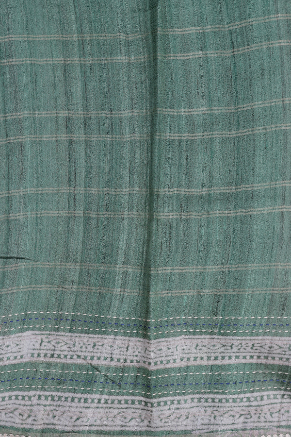 Tussar Silk Saree In Green Along Checks With Motifs