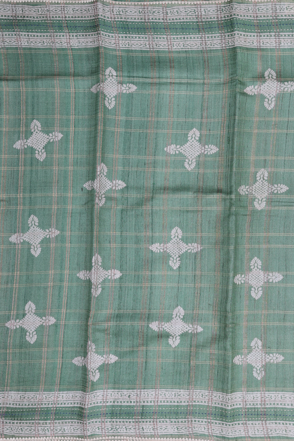Tussar Silk Saree In Green Along Checks With Motifs
