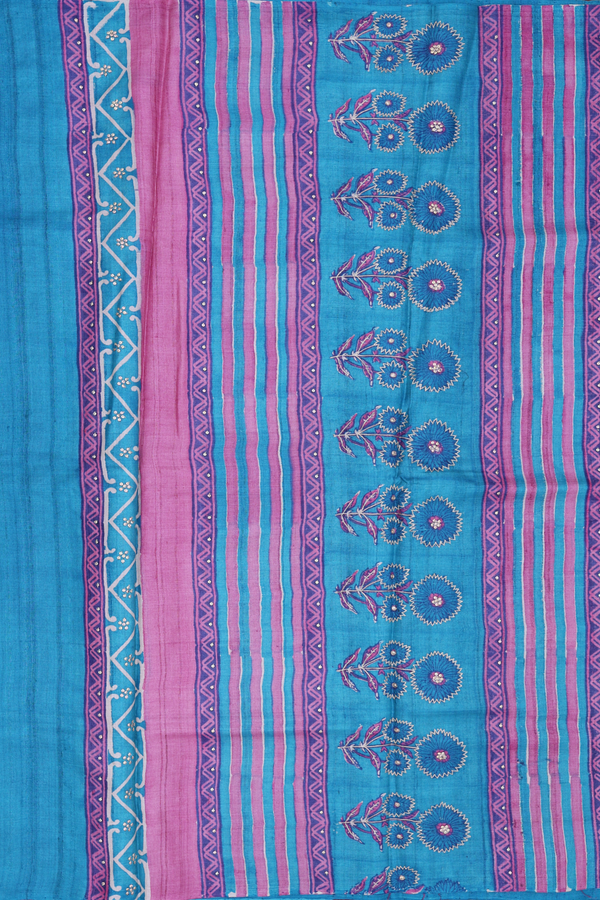 Tussar Silk Saree In Cerulean Blue With Floral Motifs