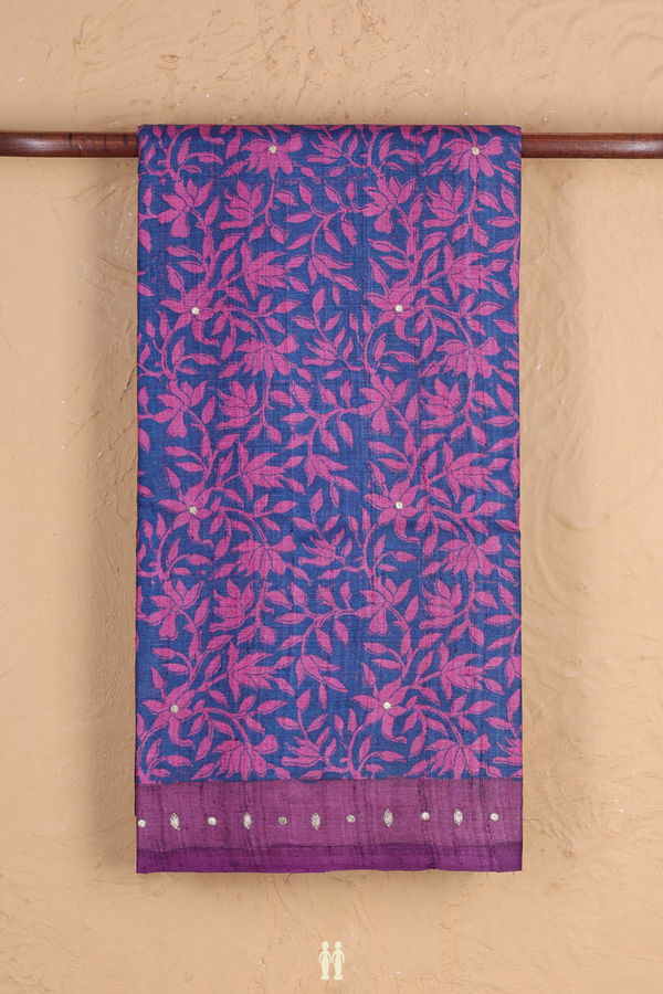 Tussar Silk Saree In Berry Blue With Floral Design