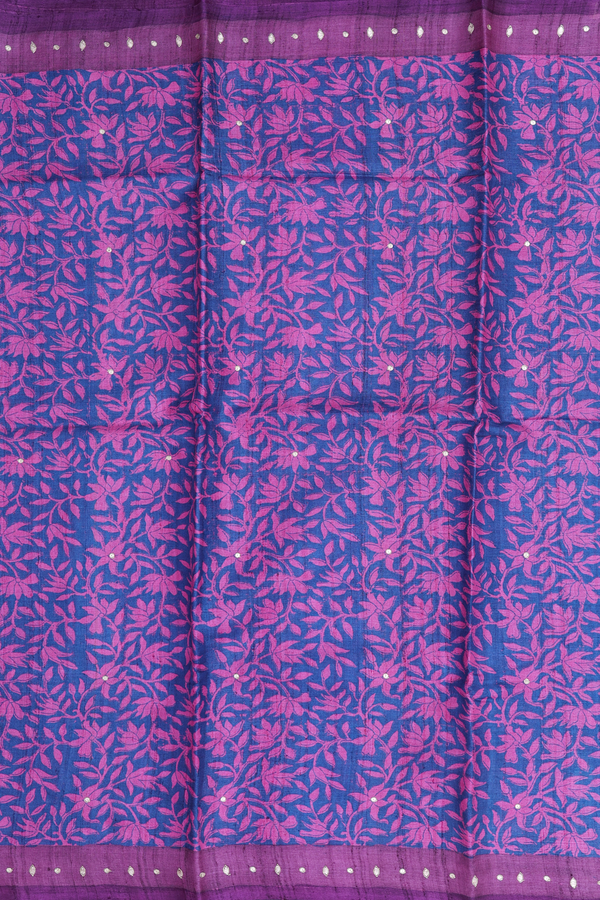 Tussar Silk Saree In Berry Blue With Floral Design