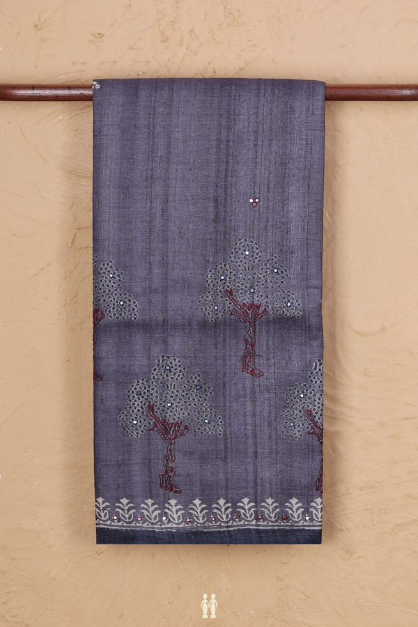 Tussar Silk Saree In Grey With Tree Motifs