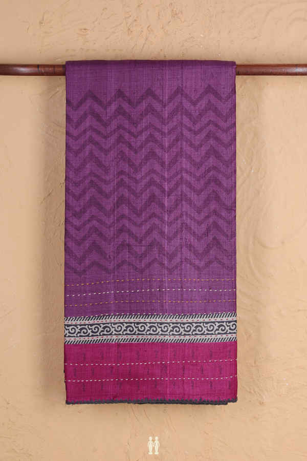 Tussar Silk Saree In Purple With Chevron Design