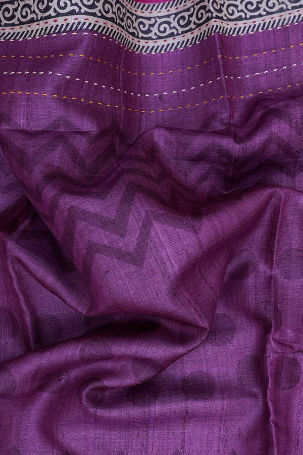 Tussar Silk Saree In Purple With Chevron Design