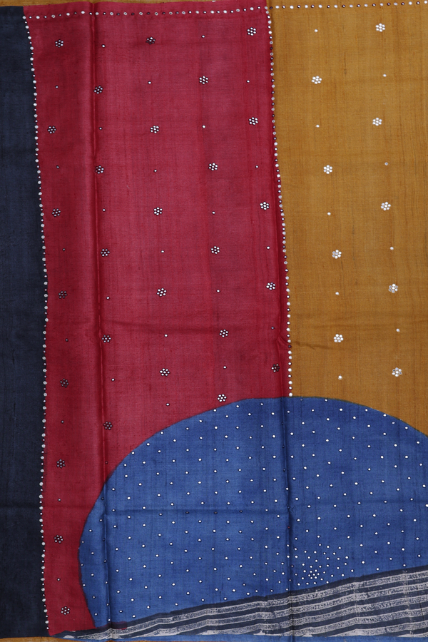 Tussar Silk Saree In Scarlet Red With Mirror Work Buttis