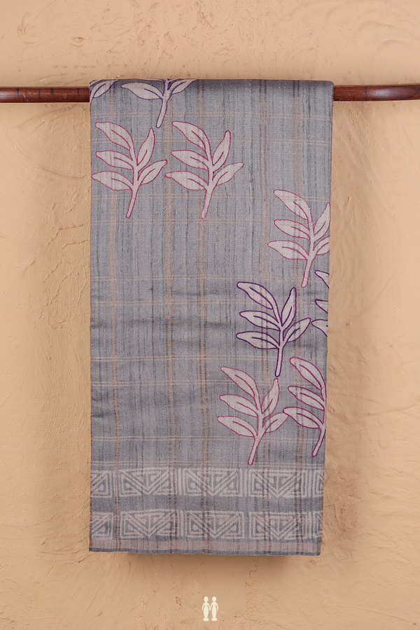 Tussar Silk Saree In Grey With Leaf Design