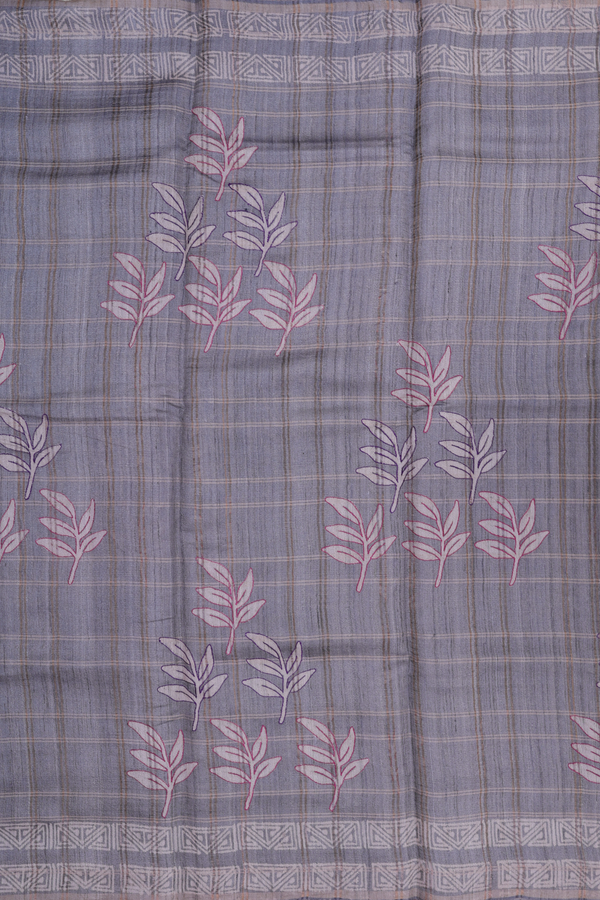 Tussar Silk Saree In Grey With Leaf Design