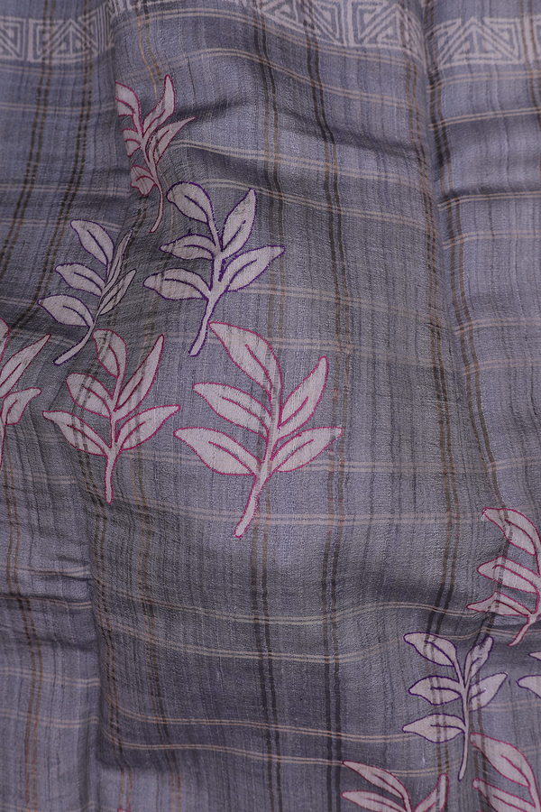 Tussar Silk Saree In Grey With Leaf Design