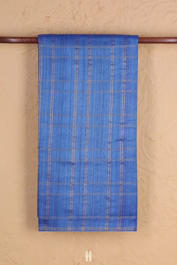 Tussar Silk Saree In Cobalt Blue With Checks Design