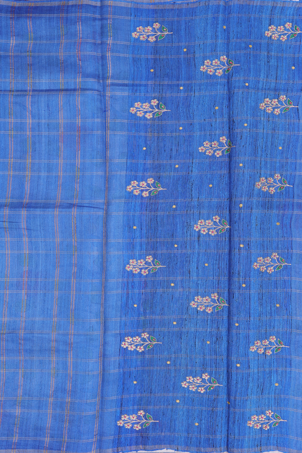 Tussar Silk Saree In Cobalt Blue With Checks Design