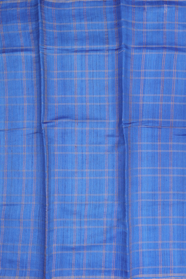 Tussar Silk Saree In Cobalt Blue With Checks Design
