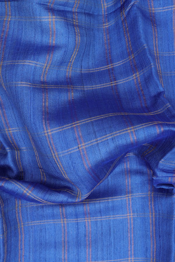 Tussar Silk Saree In Cobalt Blue With Checks Design