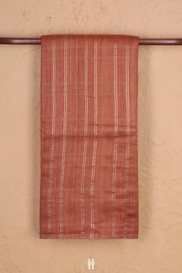 Tussar Silk Saree In Burnt Orange With Checks Design