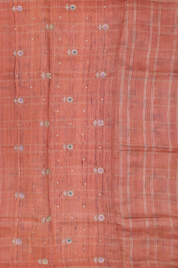 Tussar Silk Saree In Burnt Orange With Checks Design