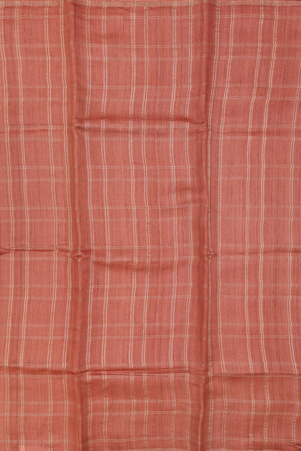 Tussar Silk Saree In Burnt Orange With Checks Design